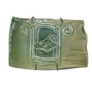 CAROL LONG POTTERY Handmade Art Ceramic Green Butterfly Hanging Wall Tile Plaque